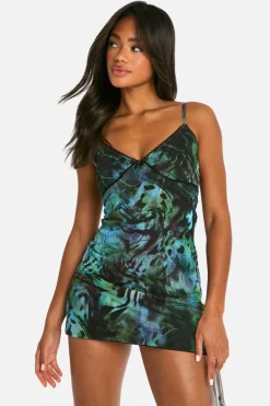 Cami Dresses*boohoo Blur Print Cami Mesh Mini Dress blue