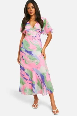 Smock Dresses*boohoo Blur Print Chiffon Angel Sleeve Midaxi Dress multi