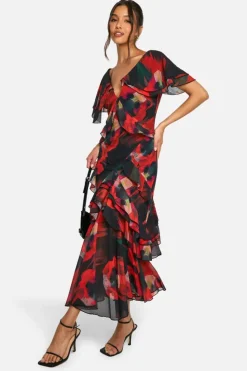 Maxi Dresses*boohoo Blur Print Ruffle Maxi Dress black