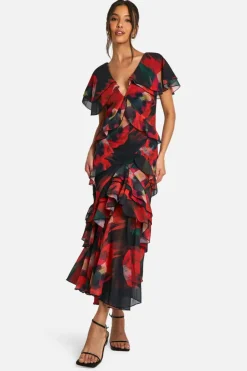 Maxi Dresses*boohoo Blur Print Ruffle Maxi Dress black
