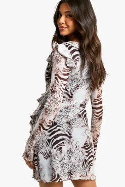 Skater Dresses*boohoo Blurred Animal Ruffle Mesh Mini Dress brown