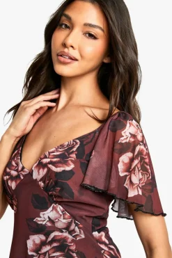 Skater Dresses*boohoo Blurred Floral Godet Mini Dress rust