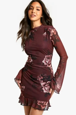 Skater Dresses*boohoo Blurred Floral High Neck Godet Mini Dress burgundy