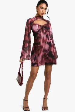 Mini Dresses*boohoo Blurred Floral Mesh Mini Dress dark pink