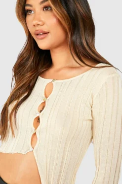 Cardigans*boohoo Boat Neck Asmmetric Sheer Rib Cardigan camel