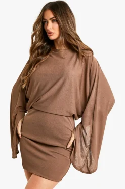 Bodycon Dresses*boohoo Boat Neck Flare Sleeve Mini Dress mocha