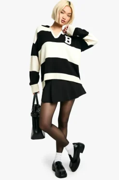 Jumpers*boohoo Bold Stripe Varsity Polo Collar Jumper cream