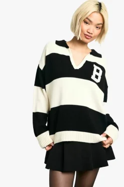 Jumpers*boohoo Bold Stripe Varsity Polo Collar Jumper cream