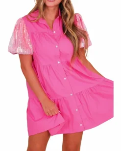 Shirt Dresses*Azura Exchange Bonbon Sequined Bubble Sleeve Tiered Ruffled Shirt Dress Multi