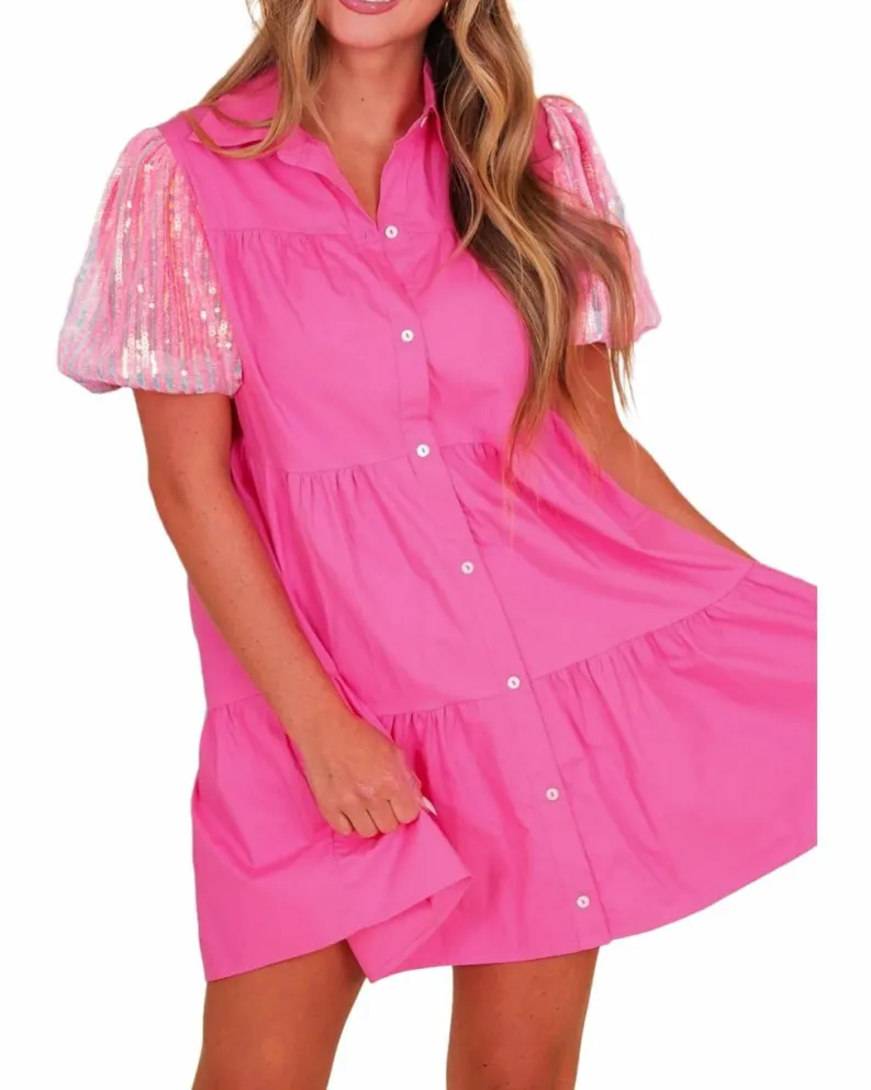 Shirt Dresses*Azura Exchange Bonbon Sequined Bubble Sleeve Tiered Ruffled Shirt Dress Multi