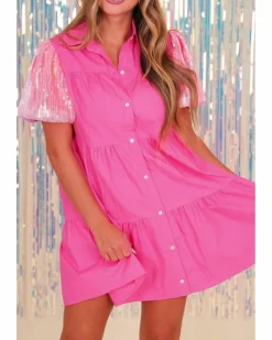Shirt Dresses*Azura Exchange Bonbon Sequined Bubble Sleeve Tiered Ruffled Shirt Dress Multi