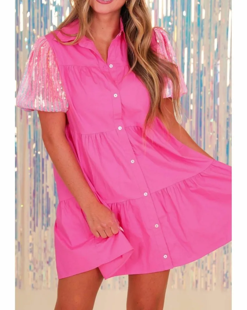 Shirt Dresses*Azura Exchange Bonbon Sequined Bubble Sleeve Tiered Ruffled Shirt Dress Multi
