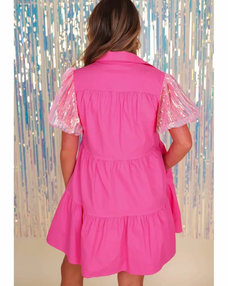 Shirt Dresses*Azura Exchange Bonbon Sequined Bubble Sleeve Tiered Ruffled Shirt Dress Multi