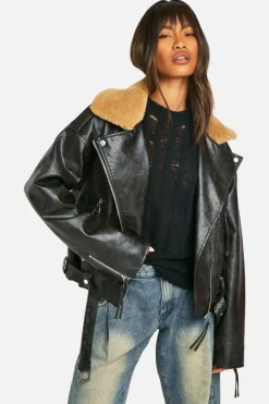 Up To 80% Off Winter Warmers|Coats & Jackets*boohoo Borg Collar Vintage Look Faux Leather Jacket black