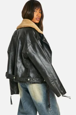 Up To 80% Off Winter Warmers|Coats & Jackets*boohoo Borg Collar Vintage Look Faux Leather Jacket black
