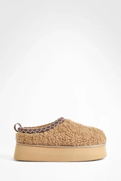Flats|Cosy Boots*boohoo Borg Embroidered Cosy Platform Slip On Mules chestnut