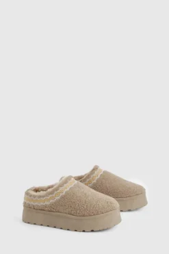 Cosy Boots|All Boots*boohoo Borg Embroidered Detail Cosy Mules mocha