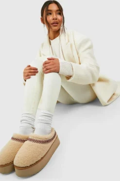 Cosy Boots|All Boots*boohoo Borg Embroidered Platform Cosy Mules beige