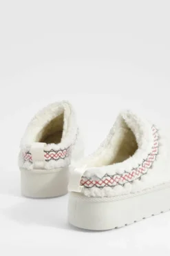 Cosy Boots|All Boots*boohoo Borg Embroidered Platform Cosy Mules cream