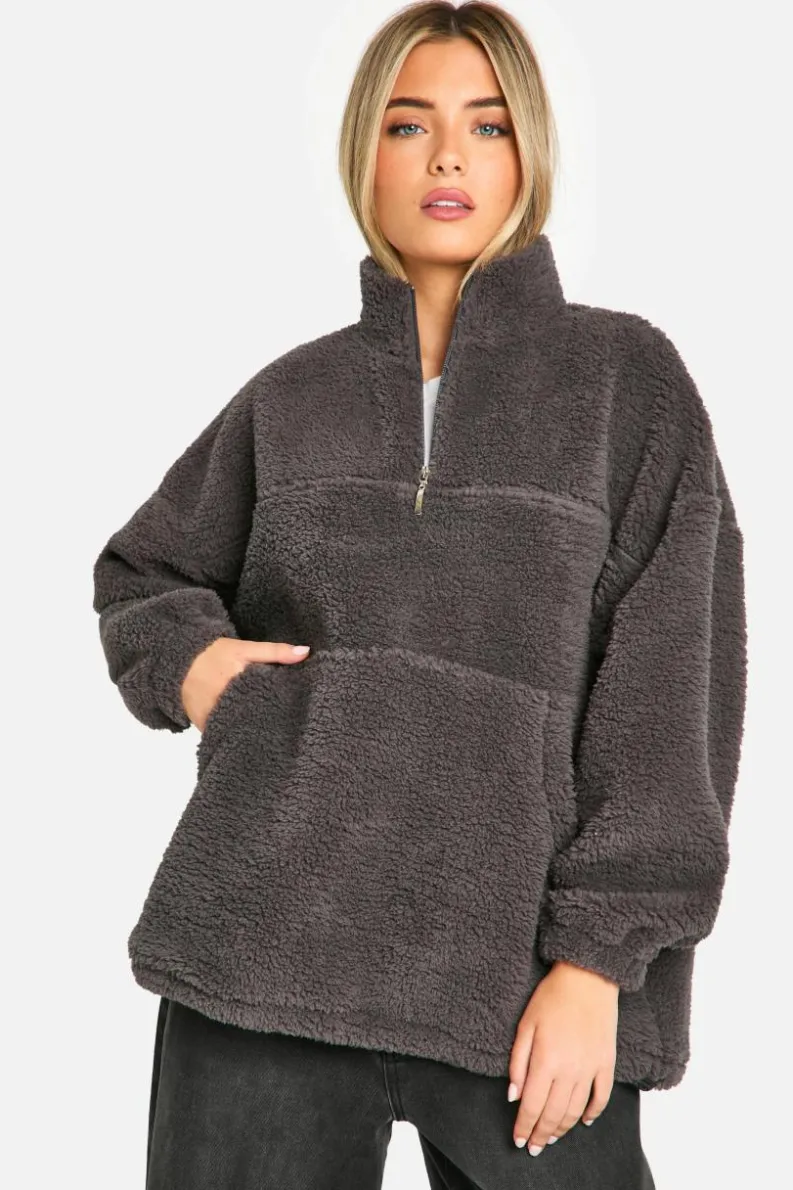 Sweatshirts|Hoodies & Sweatshirts*boohoo Borg Half Zip Oversized Sweatshirt charcoal
