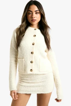 Knitted Co-Ords|Knitwear*boohoo Borg Knitted Pocket Detail Crop Cardigan And Low Rise Micro Mini Skirt Sett ecru