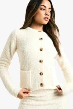 Knitted Co-Ords|Knitwear*boohoo Borg Knitted Pocket Detail Crop Cardigan And Low Rise Micro Mini Skirt Sett ecru