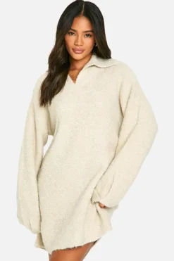 Mini Dresses|Jumper Dresses*boohoo Borg Oversized Collar Detail Mini Dres ecru