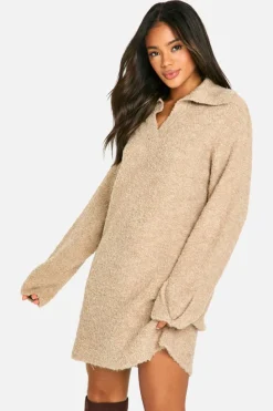 Jumper Dresses|Jumper Dresses*boohoo Borg Oversized Collar Detail Mini Dress camel