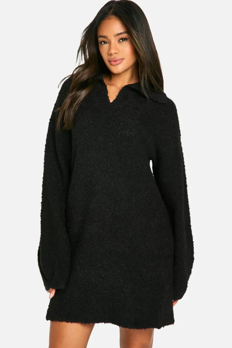 Mini Dresses|Jumper Dresses*boohoo Borg Oversized Collar Detail Mini Jumper Dress black