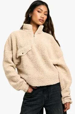 Sweatshirts|Hoodies & Sweatshirts*boohoo Borg Pocket Detail Half Zip Sweatshirt stone