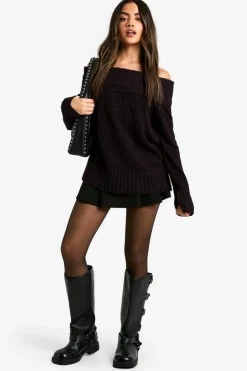 Jumpers|Jumpers & Cardigans*boohoo Boucle Bardot Knitted Jumper plum