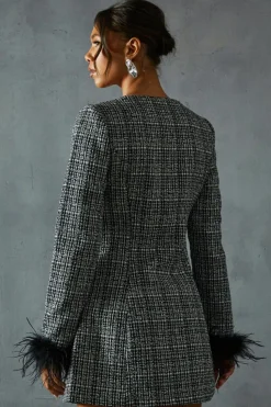 A Line Dresses*MissPap Boucle Feather Trim A-Line Mini Dress black