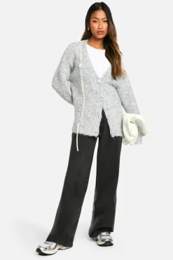 Cardigans*boohoo Boucle Knit Stitch Detail Cardigan grey marl