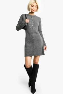 Mini Dresses|Jumper Dresses*boohoo Boucle Knitted Button Down Mini Dress light grey