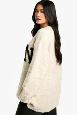 Oversized Jumpers|Jumpers*boohoo Boucle Knitted Dsgn Slogan Oversized Jumper oatmeal