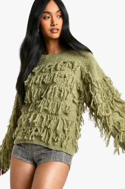 Jumpers|Jumpers & Cardigans*boohoo Boucle Knitted Fringe Jumper khaki