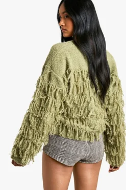 Jumpers|Jumpers & Cardigans*boohoo Boucle Knitted Fringe Jumper khaki