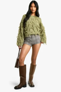 Jumpers|Jumpers & Cardigans*boohoo Boucle Knitted Fringe Jumper khaki