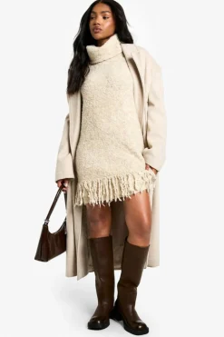 Jumper Dresses|Jumper Dresses*boohoo Boucle Knitted Roll Neck Tassel Jumper Dress oatmeal