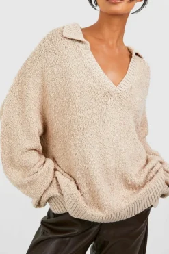 Jumpers*boohoo Boucle Polo Collar Jumper stone