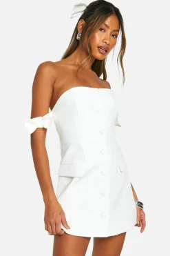 Skater Dresses*boohoo Bow Bardot Tailored Mini Dress ivory