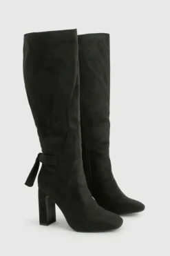 Heels|Over The Knee Boots*boohoo Bow Detail Block Heel Knee High Boots black