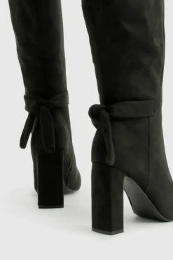 Heels|Over The Knee Boots*boohoo Bow Detail Block Heel Knee High Boots black