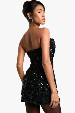 Mini Dresses*boohoo Bow Detail Boucle Sequin Shift Mini Dress black