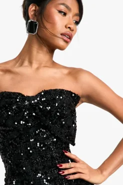 Mini Dresses*boohoo Bow Detail Boucle Sequin Shift Mini Dress black