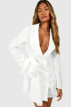 Blazer Dresses*boohoo Bow Detail Double Breasted Blazer Dress ivory