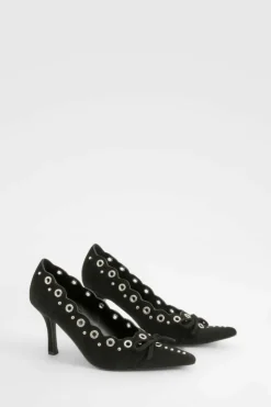 Heels*boohoo Bow Detail Eyelet Court Heels black