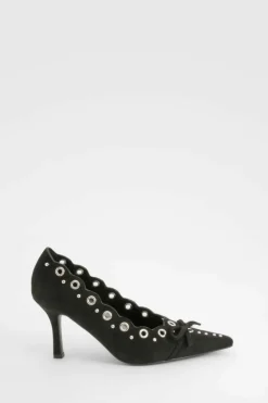 Heels*boohoo Bow Detail Eyelet Court Heels black