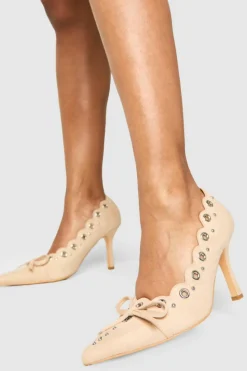 Heels*boohoo Bow Detail Eyelet Court Heels nude