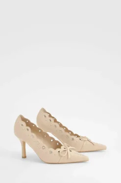 Heels*boohoo Bow Detail Eyelet Court Heels nude